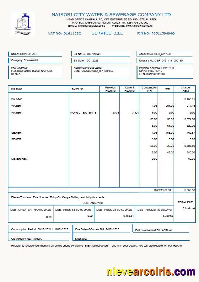 Kenya Nairobi City Water and Sewerage Company utility bill